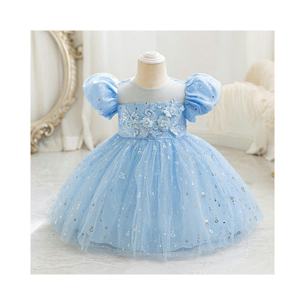 Baby Girl Embroidered Floral Princess Dress Bubble Sleeve Gowns Glitter Sequin Dresses