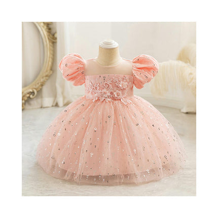 Baby Girl Embroidered Floral Princess Dress Bubble Sleeve Gowns Glitter Sequin Dresses