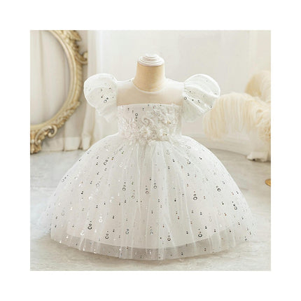 Baby Girl Embroidered Floral Princess Dress Bubble Sleeve Gowns Glitter Sequin Dresses