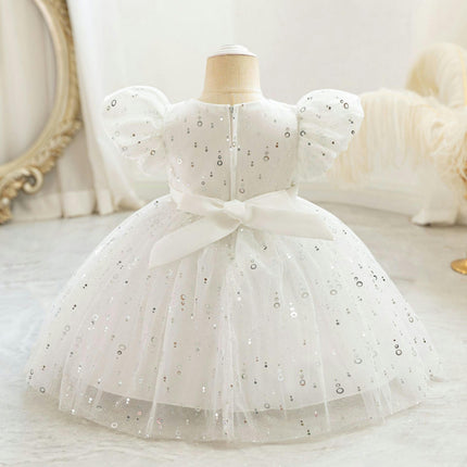 Baby Girl Embroidered Floral Princess Dress Bubble Sleeve Gowns Glitter Sequin Dresses