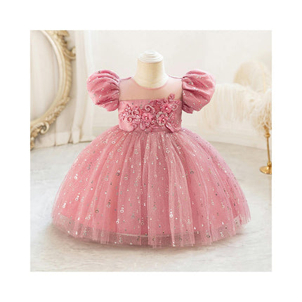 Baby Girl Embroidered Floral Princess Dress Bubble Sleeve Gowns Glitter Sequin Dresses