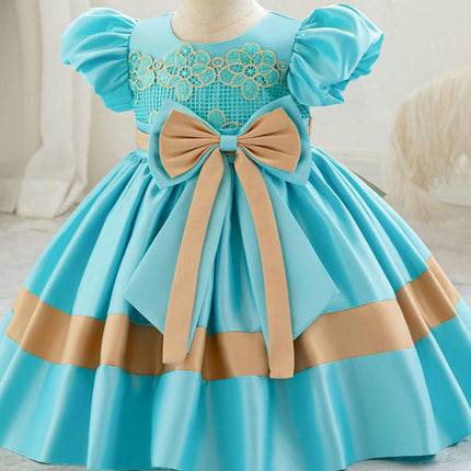 Girls' Bow Satin Princess Dress Lace Colorblocked Bubble Sleeve Dresses