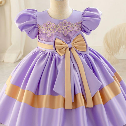 Girls' Bow Satin Princess Dress Lace Colorblocked Bubble Sleeve Dresses