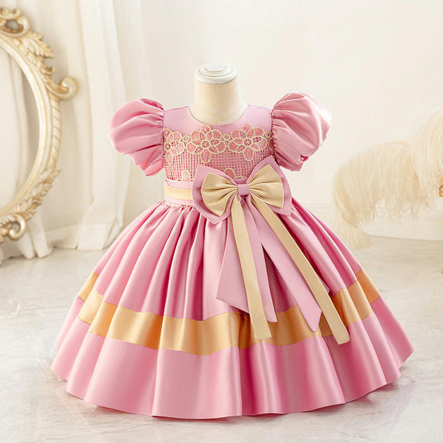 Girls' Bow Satin Princess Dress Lace Colorblocked Bubble Sleeve Dresses