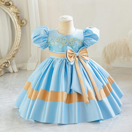 Girls' Bow Satin Princess Dress Lace Colorblocked Bubble Sleeve Dresses