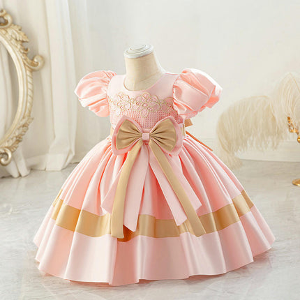 Girls' Bow Satin Princess Dress Lace Colorblocked Bubble Sleeve Dresses