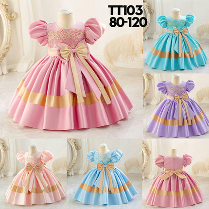 Girls' Bow Satin Princess Dress Lace Colorblocked Bubble Sleeve Dresses