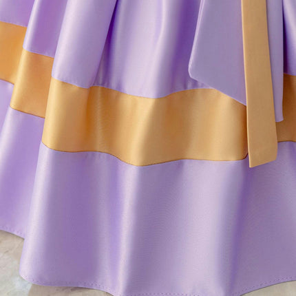 Girls' Bow Satin Princess Dress Lace Colorblocked Bubble Sleeve Dresses