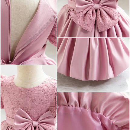 Baby Girls One-Year-Old Dress Tutu Skirt Satin Bow Puff Sleeve Dress