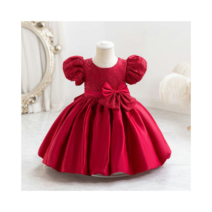 Baby Girls One-Year-Old Dress Tutu Skirt Satin Bow Puff Sleeve Dress