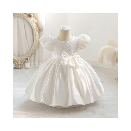 Baby Girls One-Year-Old Dress Tutu Skirt Satin Bow Puff Sleeve Dress