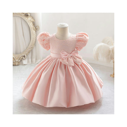 Baby Girls One-Year-Old Dress Tutu Skirt Satin Bow Puff Sleeve Dress