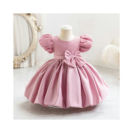 Baby Girls One-Year-Old Dress Tutu Skirt Satin Bow Puff Sleeve Dress