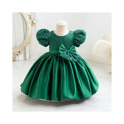 Baby Girls One-Year-Old Dress Tutu Skirt Satin Bow Puff Sleeve Dress