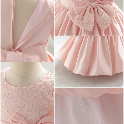 Baby Girls One-Year-Old Dress Tutu Skirt Satin Bow Puff Sleeve Dress