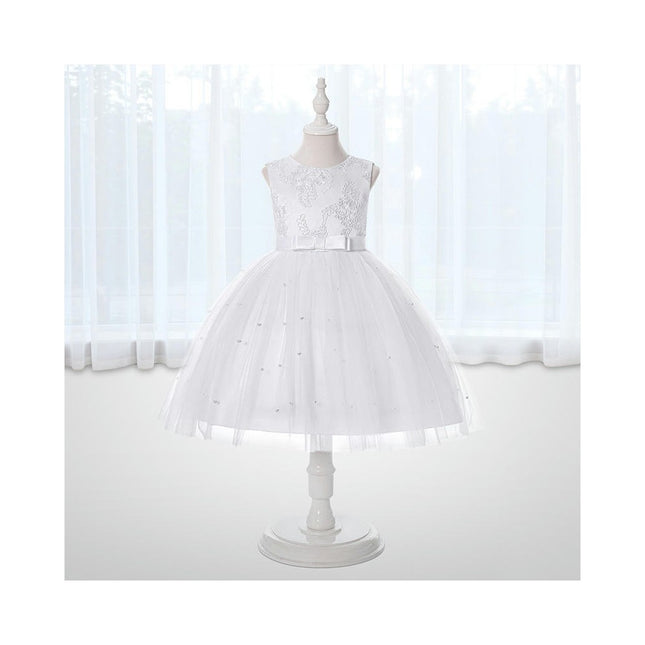 Flower Girl Bow Gown Embroidered Beaded Pageant Gown Birthday Tulle Dress