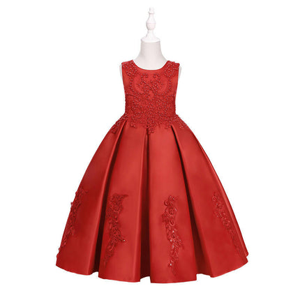 Flower Girl Dress-Embroidered Satin Beaded Princess Dress for Middle and Large Children