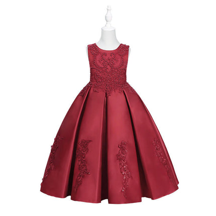 Flower Girl Dress-Embroidered Satin Beaded Princess Dress for Middle and Large Children