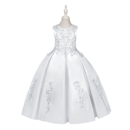 Flower Girl Dress-Embroidered Satin Beaded Princess Dress for Middle and Large Children