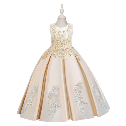 Flower Girl Dress-Embroidered Satin Beaded Princess Dress for Middle and Large Children