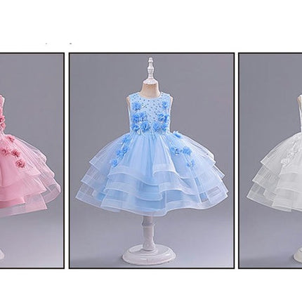 Children's Birthday Party Dress Princess Dress Big and Medium Kids Mesh Flower Beaded Dress