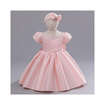 Baby Girl Weekly Satin Gown Princess Dress Flower Girl Cross Pleated Bow Dresses