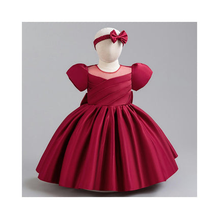 Baby Girl Weekly Satin Gown Princess Dress Flower Girl Cross Pleated Bow Dresses