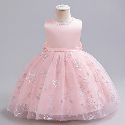 Mesh Princess Dress Neckline Pearl 1st Birthday Dress Flower Girl Bow Tutu Skirt