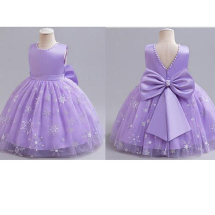 Mesh Princess Dress Neckline Pearl 1st Birthday Dress Flower Girl Bow Tutu Skirt