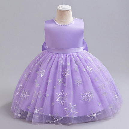 Mesh Princess Dress Neckline Pearl 1st Birthday Dress Flower Girl Bow Tutu Skirt