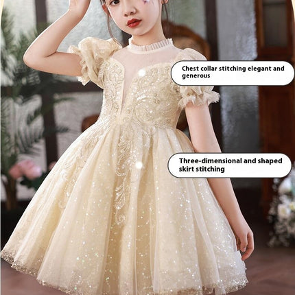 Girls Puff Sleeve Dress Princess Dress Flower Girl Party Sequined Mesh Dance Dress