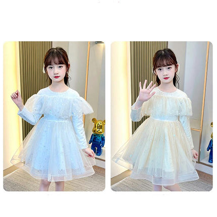 Girls Long Sleeve Gowns Princess Dresses Flower Girl Party Glitter Mesh Dance Short skirt-A2