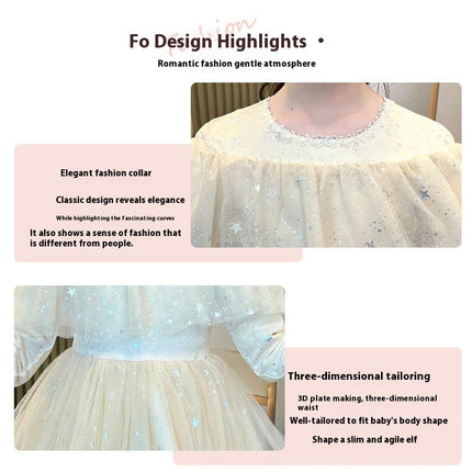 Girls Long Sleeve Gowns Princess Dresses Flower Girl Party Glitter Mesh Dance Short skirt-A2