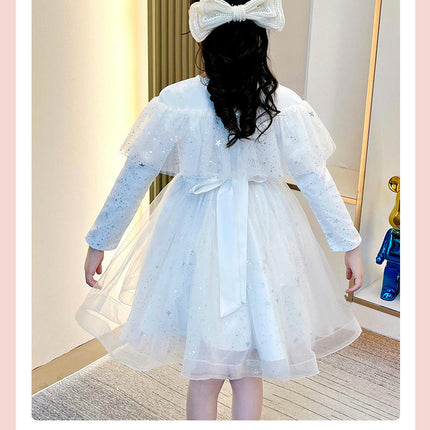 Girls Long Sleeve Gowns Princess Dresses Flower Girl Party Glitter Mesh Dance Short skirt-A2