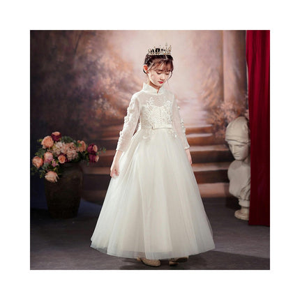 Girls Long Sleeve Gowns Princess Dresses Flower Girl Party Embroidered Mesh Puffy Dresses