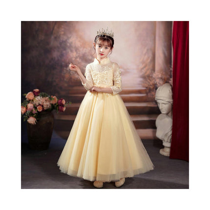 Girls Long Sleeve Gowns Princess Dresses Flower Girl Party Embroidered Mesh Puffy Dresses