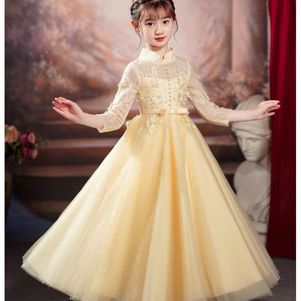 Girls Long Sleeve Gowns Princess Dresses Flower Girl Party Embroidered Mesh Puffy Dresses