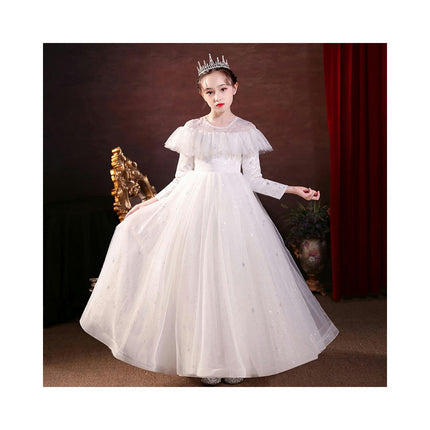 Girls Long Sleeve Gowns Princess Dresses Flower Girl Party Glitter Mesh Dance Dresses