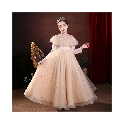 Girls Long Sleeve Gowns Princess Dresses Flower Girl Party Glitter Mesh Dance Dresses