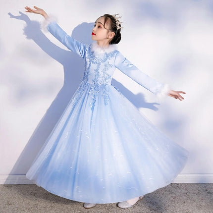 Girls Long Sleeve Embroidered Gowns Princess Dresses Flower Girl Wedding Dresses Fall and Winter