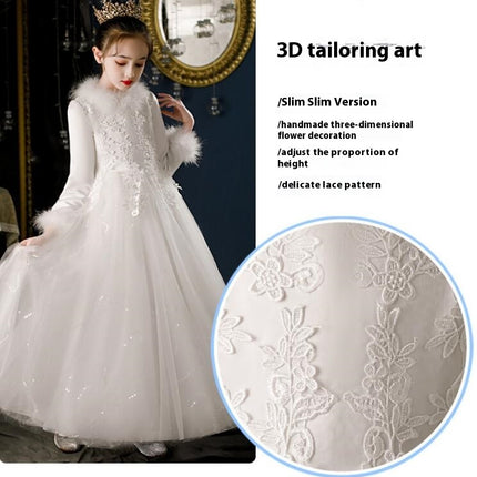 Girls Long Sleeve Embroidered Gowns Princess Dresses Flower Girl Wedding Dresses Fall and Winter