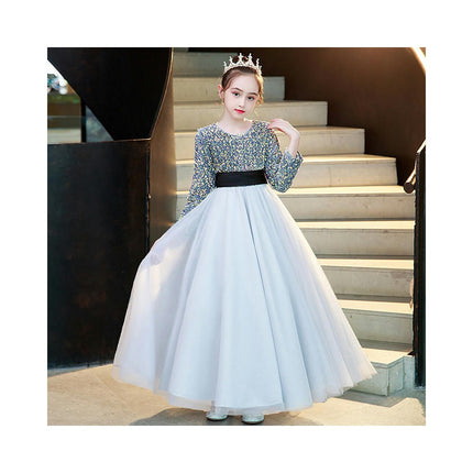 Girls Long Sleeve Belted Dress Sequined Mesh Flower Girl Party Wedding Dress