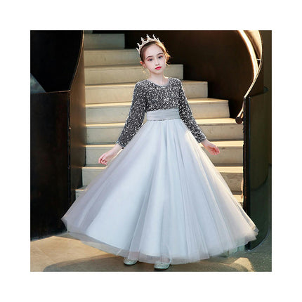 Girls Long Sleeve Belted Dress Sequined Mesh Flower Girl Party Wedding Dress