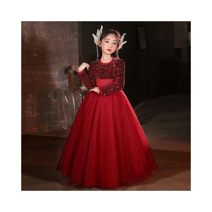 Girls Long Sleeve Belted Dress Sequined Mesh Flower Girl Party Wedding Dress