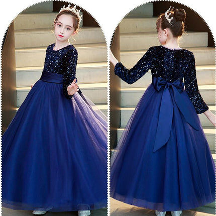 Girls Long Sleeve Belted Dress Sequined Mesh Flower Girl Party Wedding Dress