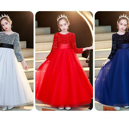 Girls Long Sleeve Belted Dress Sequined Mesh Flower Girl Party Wedding Dress