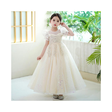 Girls Puff Sleeve Gown Super Glitter Mesh Flower Girl Party Wedding Dress