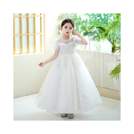 Girls Puff Sleeve Gown Super Glitter Mesh Flower Girl Party Wedding Dress