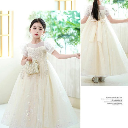 Girls Puff Sleeve Gown Super Glitter Mesh Flower Girl Party Wedding Dress