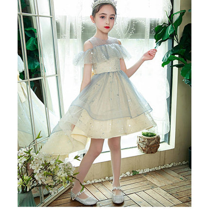 Girls Strapless Trailing Gowns Glitter Tulle Flower Girl Party Wedding Dresses